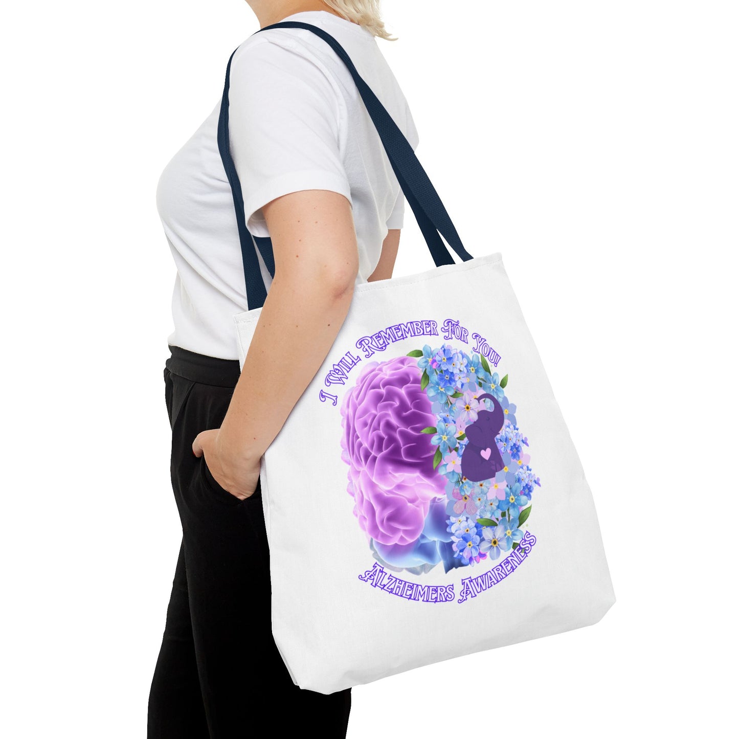 Alzheimer’s Awareness Tote Bag — “I Will Remember You” Purple Brain & Flowers Design