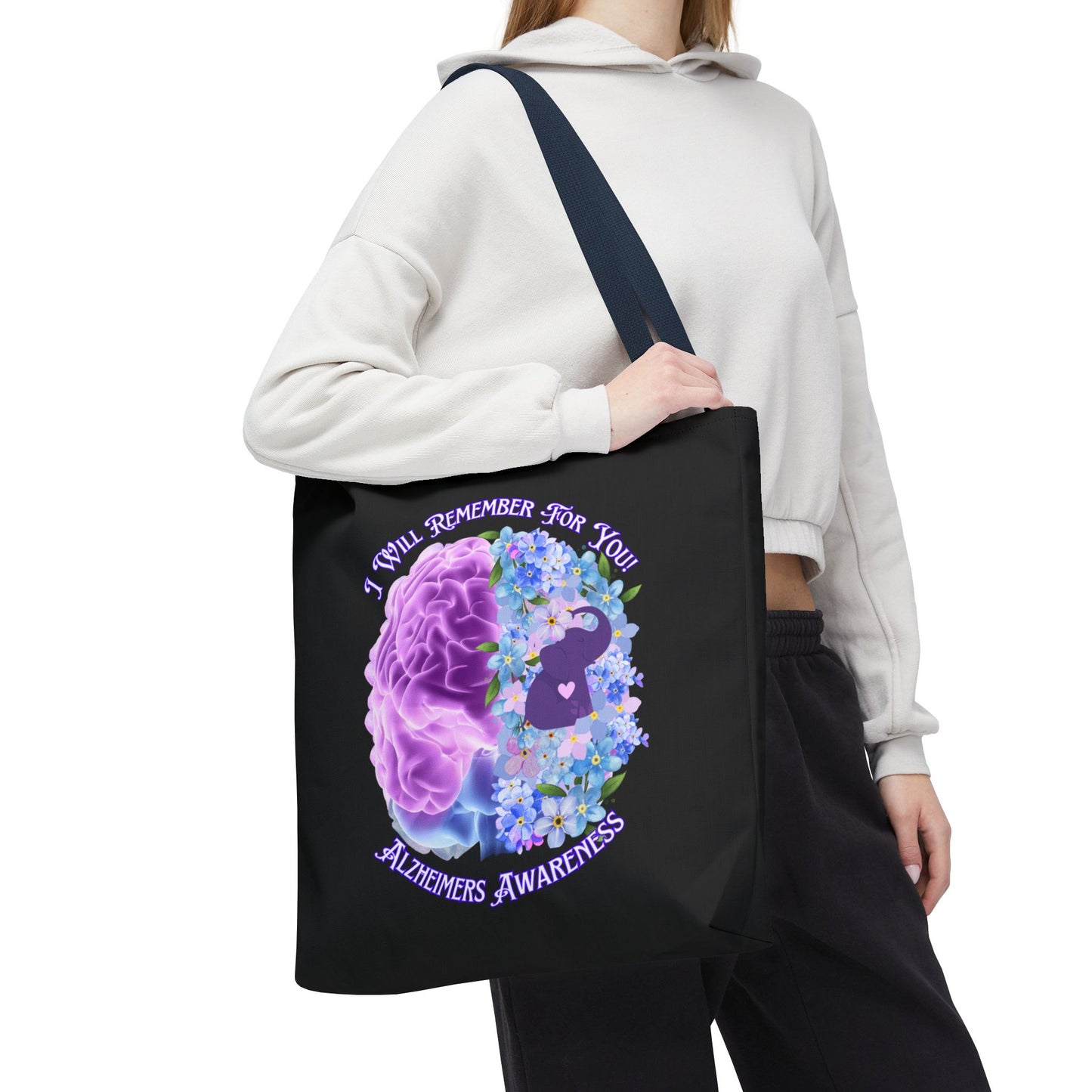Alzheimer’s Awareness Tote Bag — “I Will Remember For You” Purple Brain Design