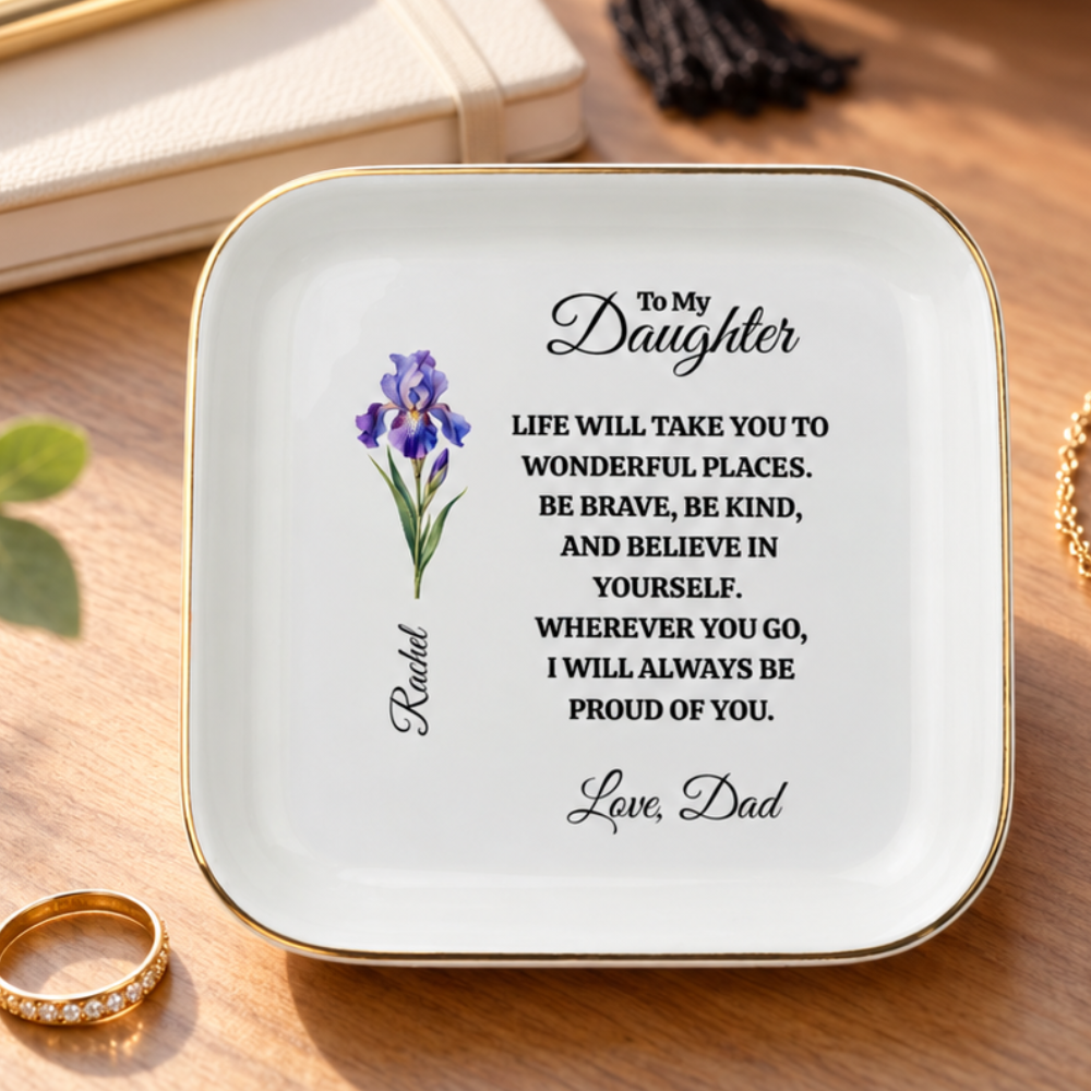 Personalized Daughter Birth Flower Jewelry Dish from Dad – Encouragement Gift
