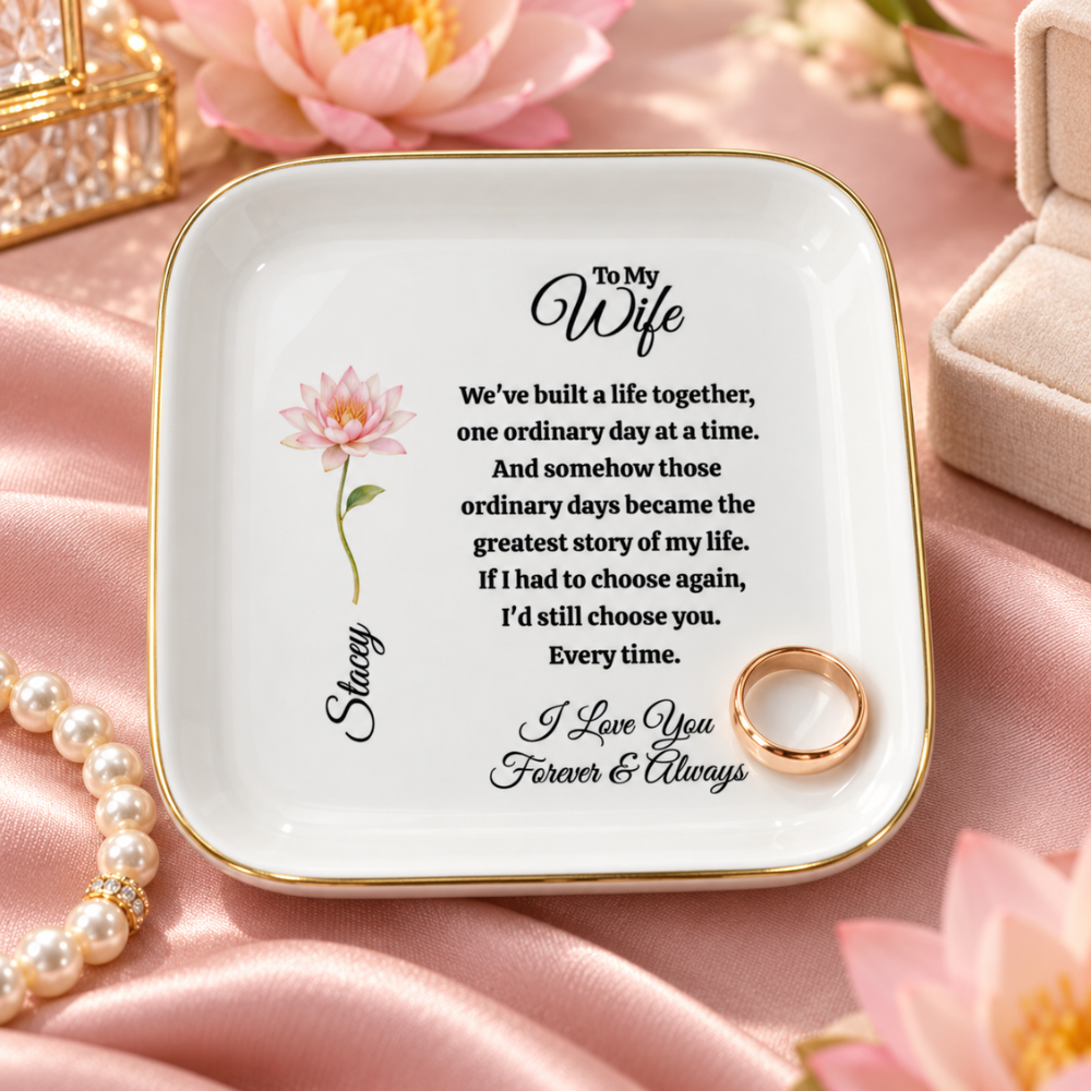 Personalized Wife Birth Flower Jewelry Dish – Romantic Gift for Wife