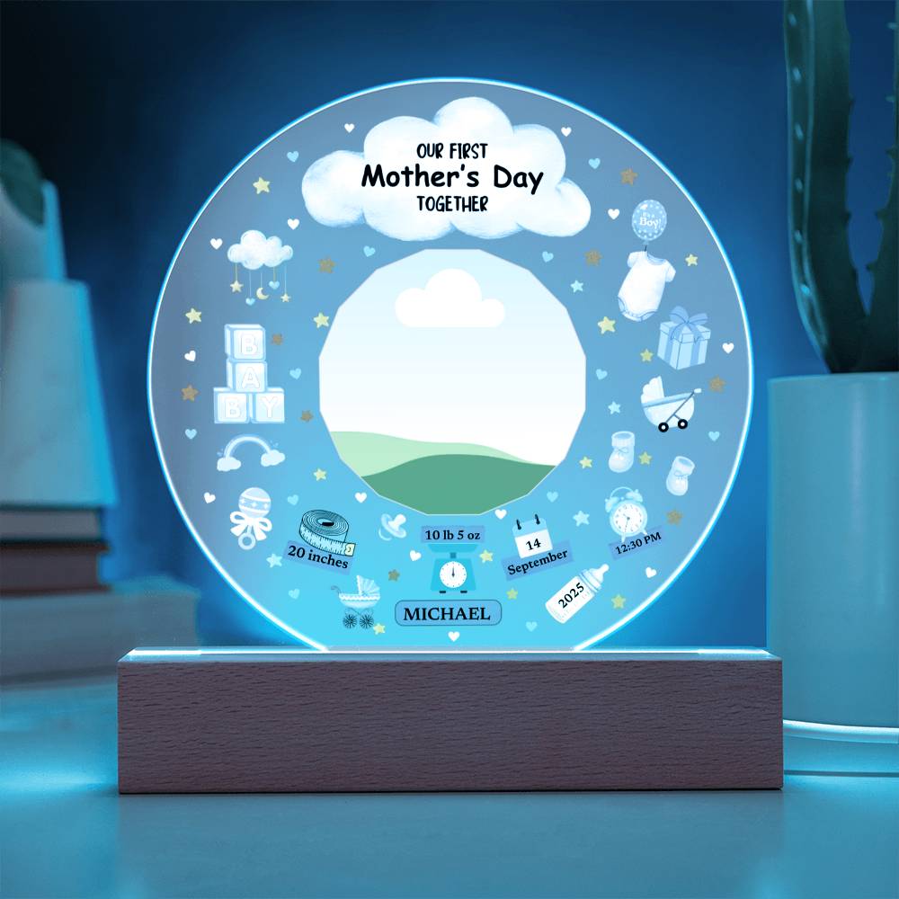 Our First Mother's Day Together Blue Design Acrylic Circle Plaque