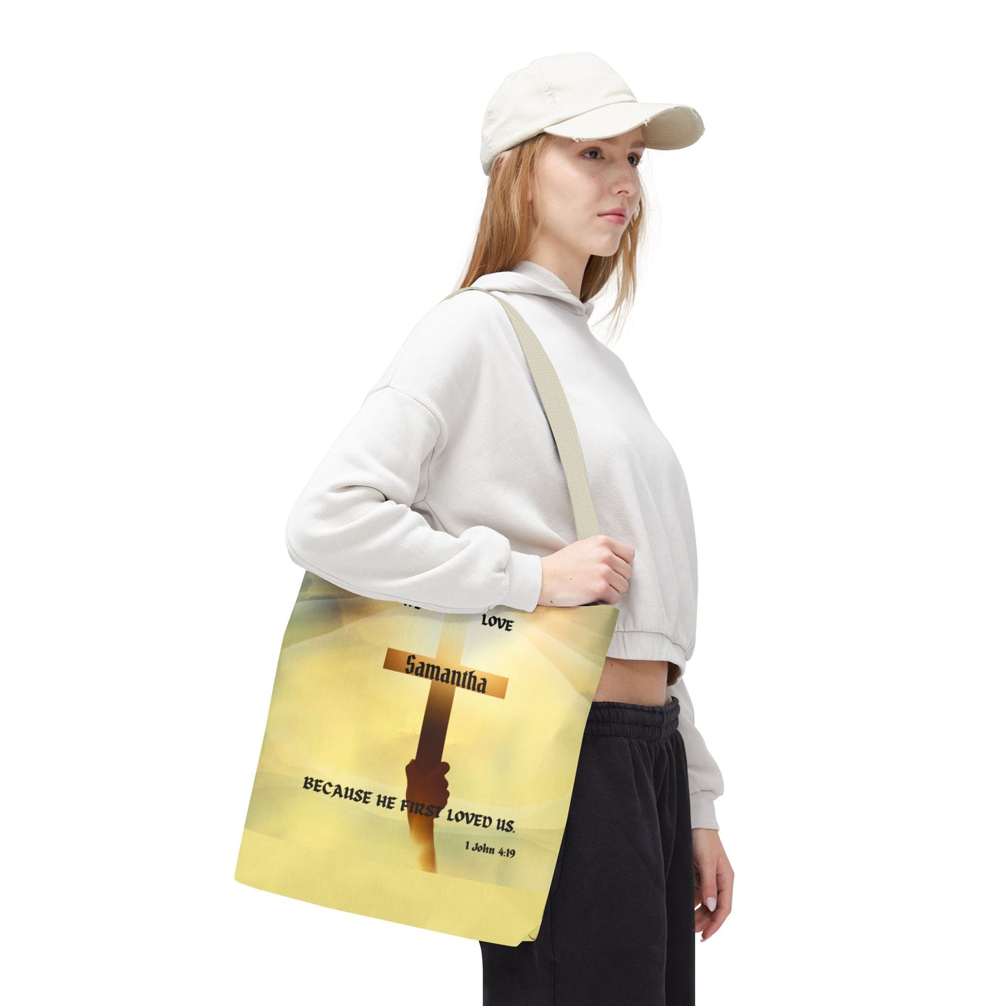 Personalized Christian Cross Tote Bag — "Samantha" Inspirational Scripture 1 John 4:19
