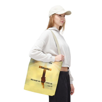 Personalized Christian Cross Tote Bag — "Samantha" Inspirational Scripture 1 John 4:19