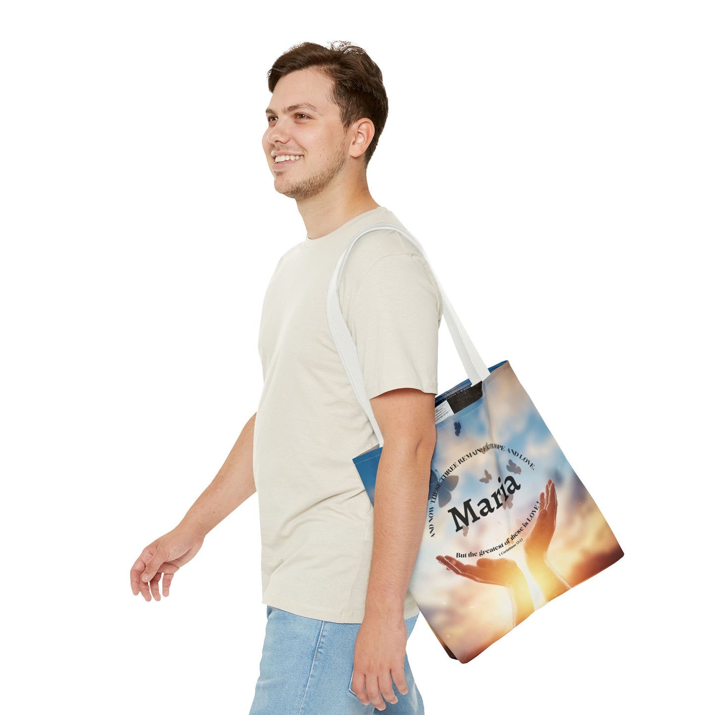 Inspirational Butterfly Tote Bag — Uplifting Hands & Quote All-Over Print