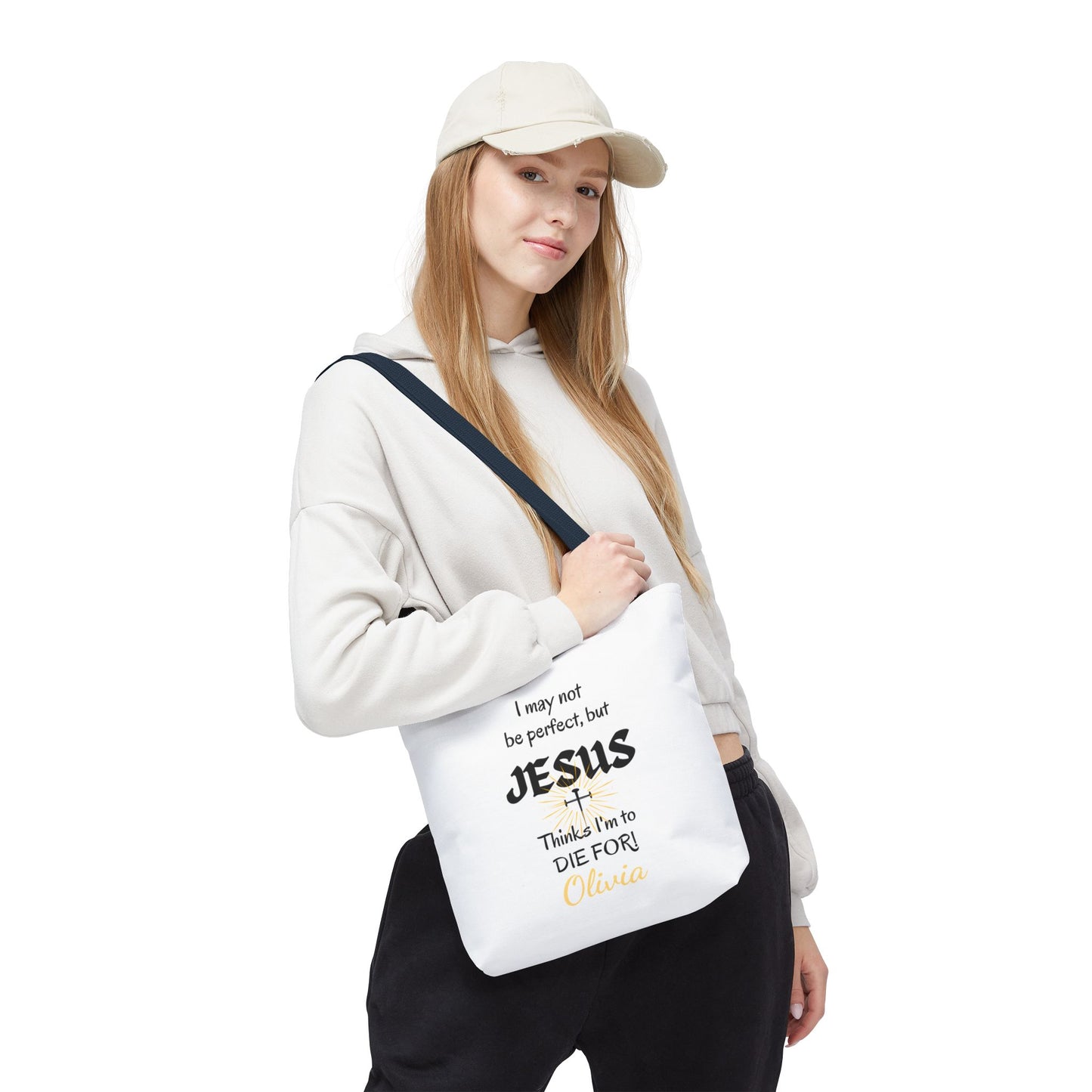 Christian Quote Tote Bag — "I may not be perfect, but JESUS thinks I’m to die for" Personalized