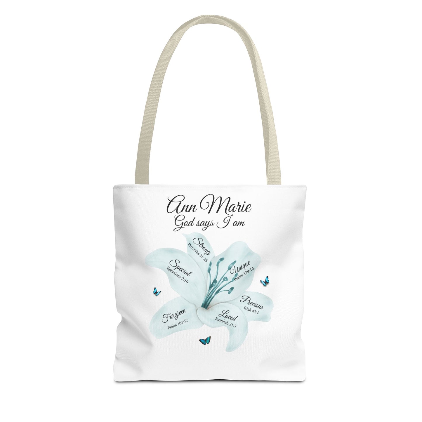 Personalized Floral Name Tote Bag – "God Says I Am" Inspirational Lily Tote
