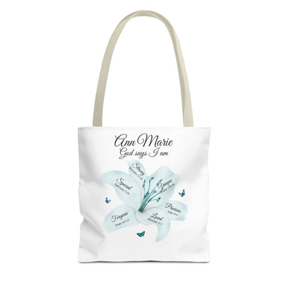 Personalized Floral Name Tote Bag – "God Says I Am" Inspirational Lily Tote