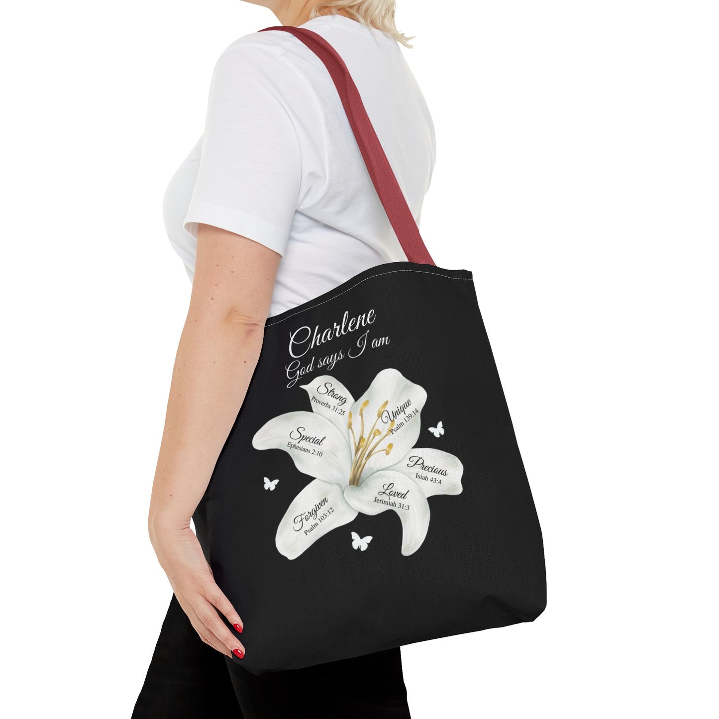 Personalized Lily Tote Bag - "God Says I Am" Inspirational Floral Tote