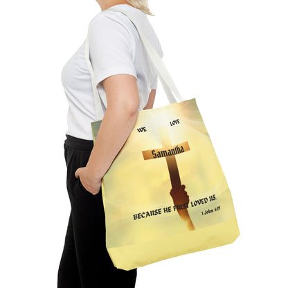 Personalized Christian Cross Tote Bag — "Samantha" Inspirational Scripture 1 John 4:19