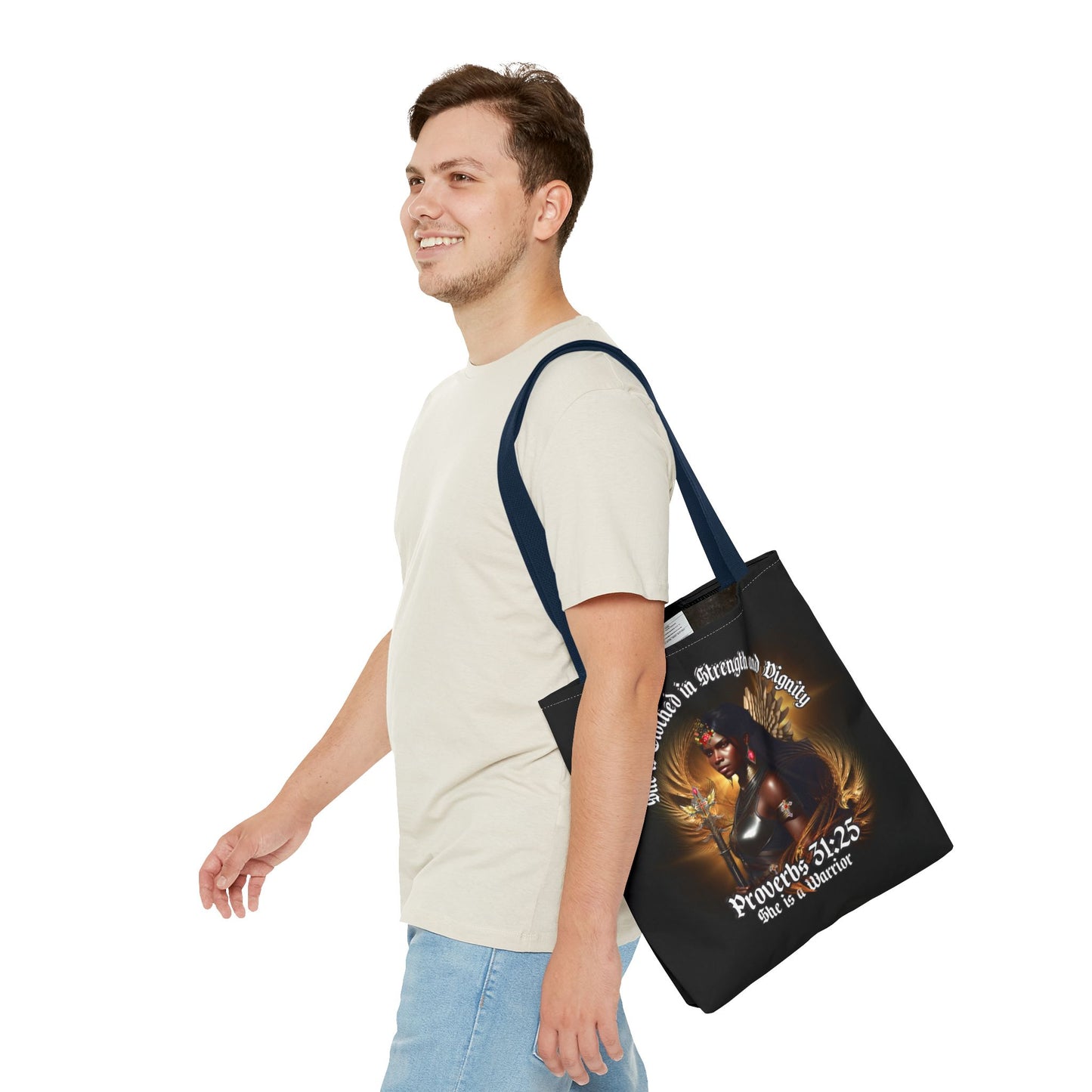 Proverbs 31:25 'She is Clothed in Strength' Warrior Tote Bag