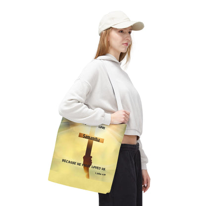Personalized Christian Cross Tote Bag — "Samantha" Inspirational Scripture 1 John 4:19