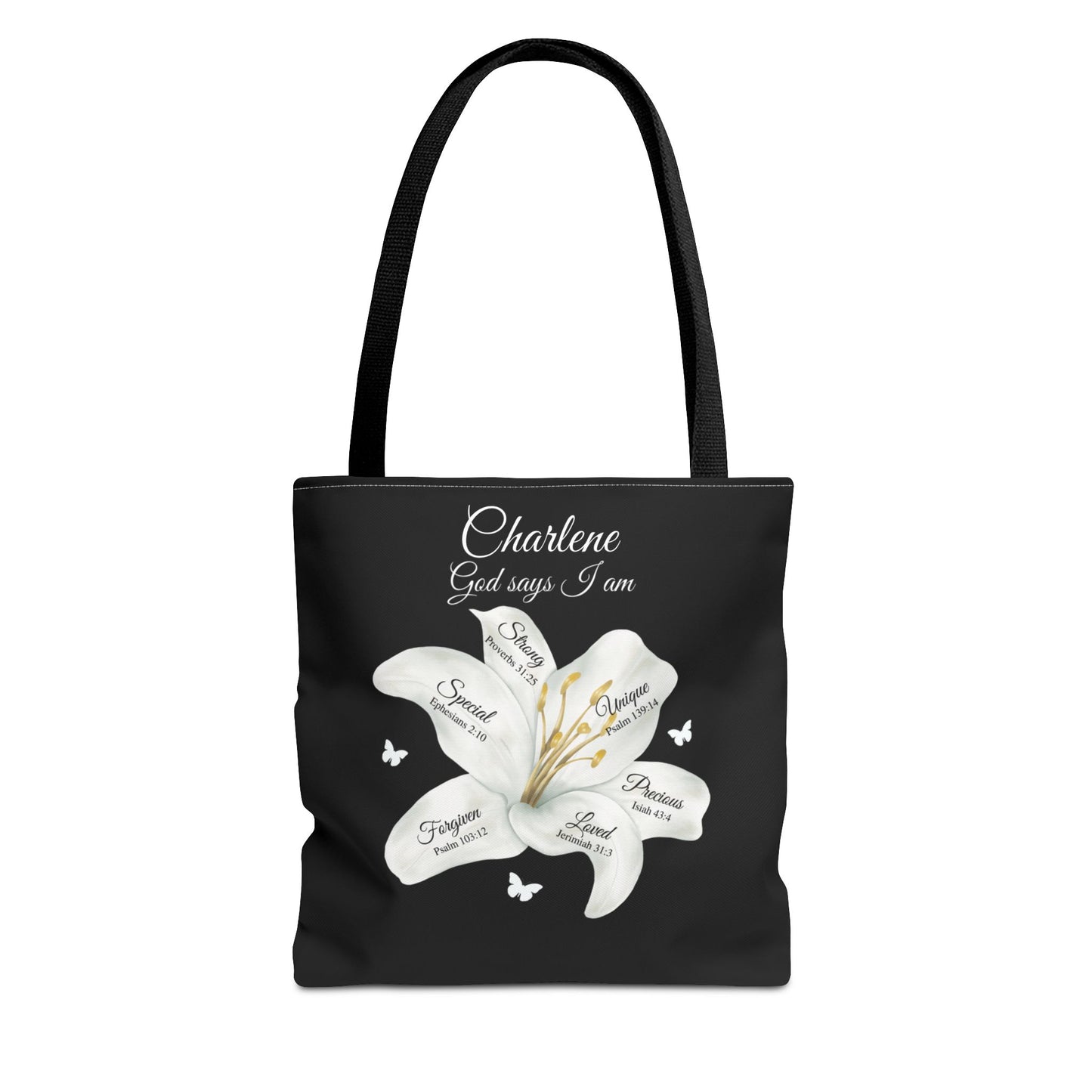 Personalized Lily Tote Bag - "God Says I Am" Inspirational Floral Tote