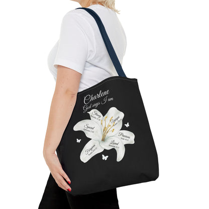 Personalized Lily Tote Bag - "God Says I Am" Inspirational Floral Tote