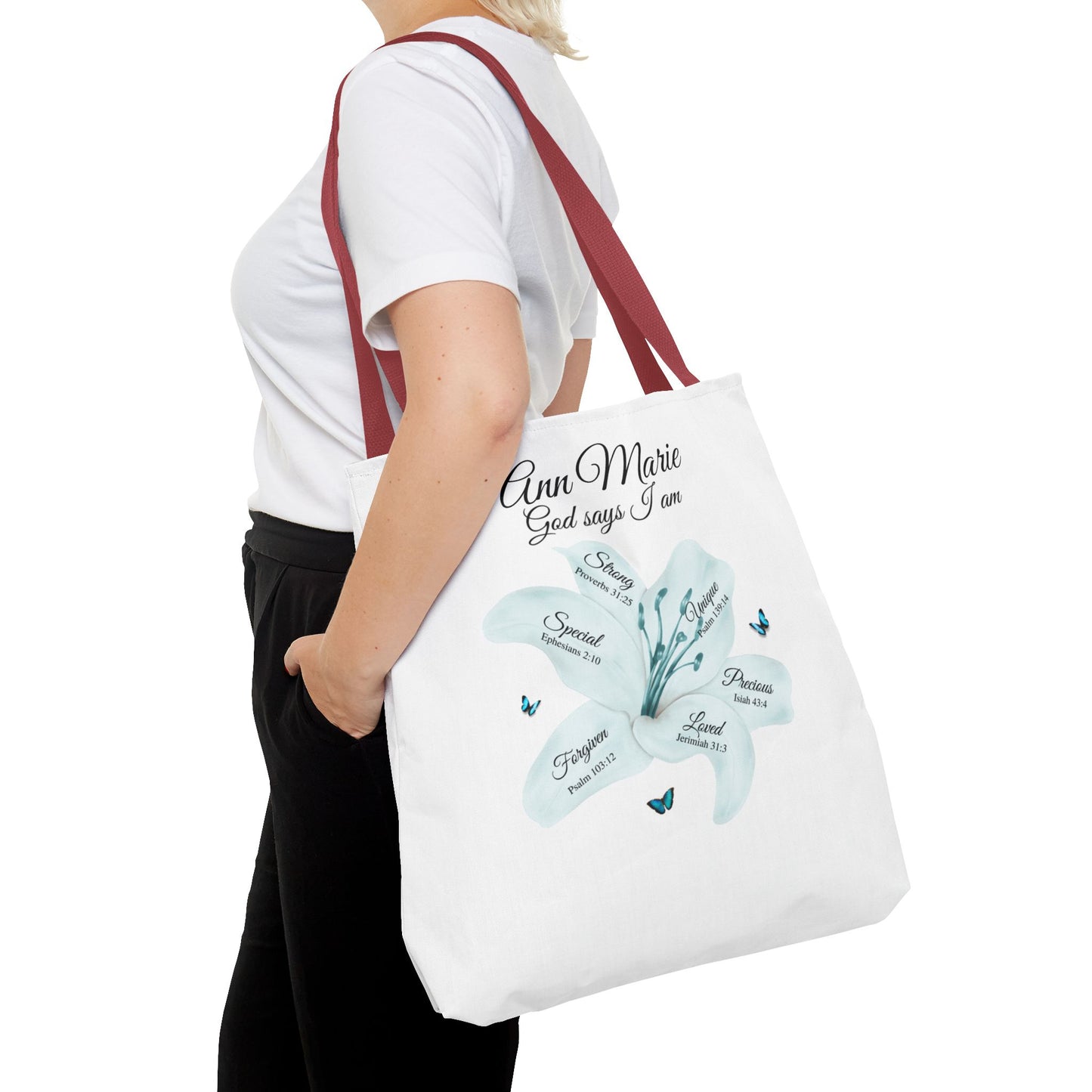 Personalized Floral Name Tote Bag – "God Says I Am" Inspirational Lily Tote