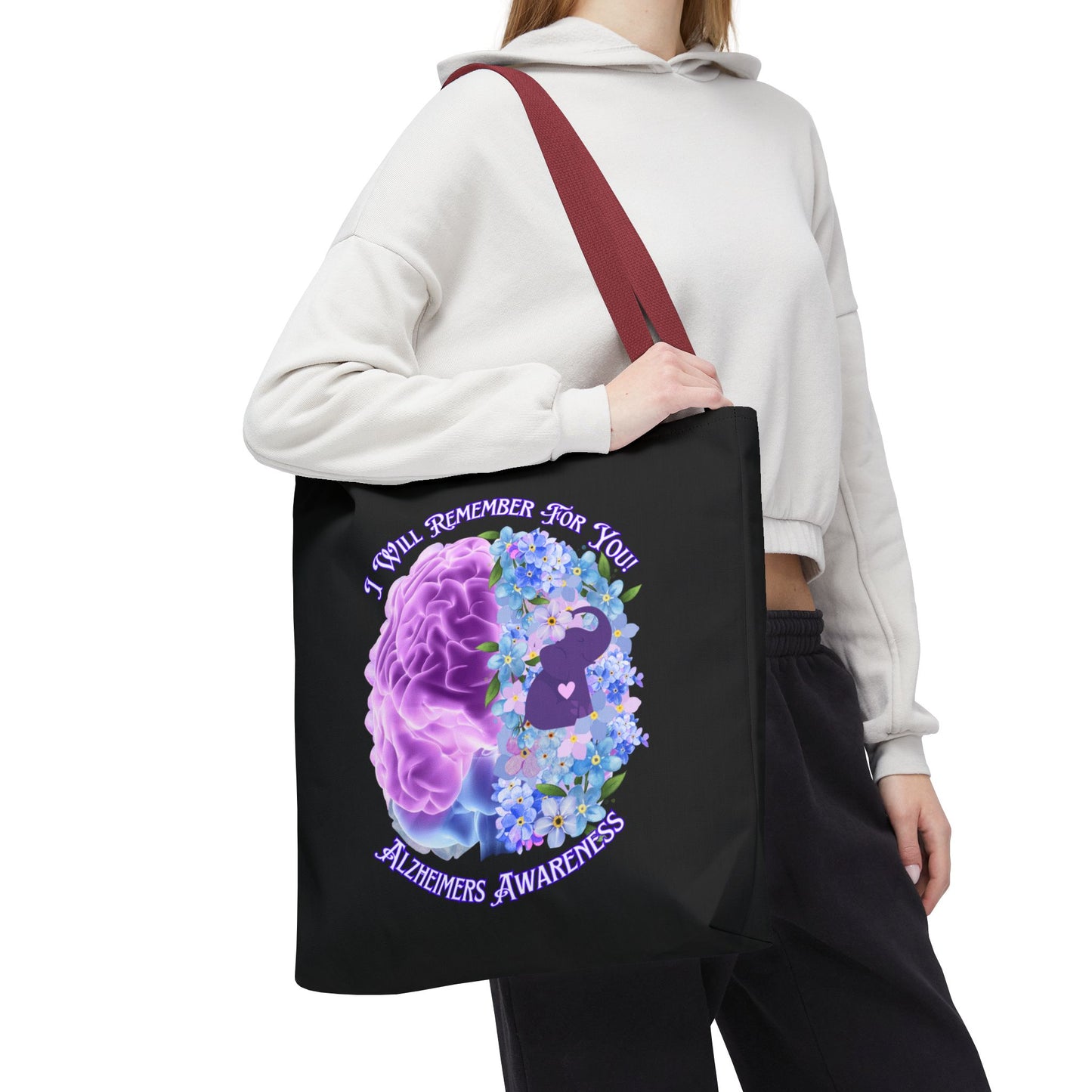 Alzheimer’s Awareness Tote Bag — “I Will Remember For You” Purple Brain Design