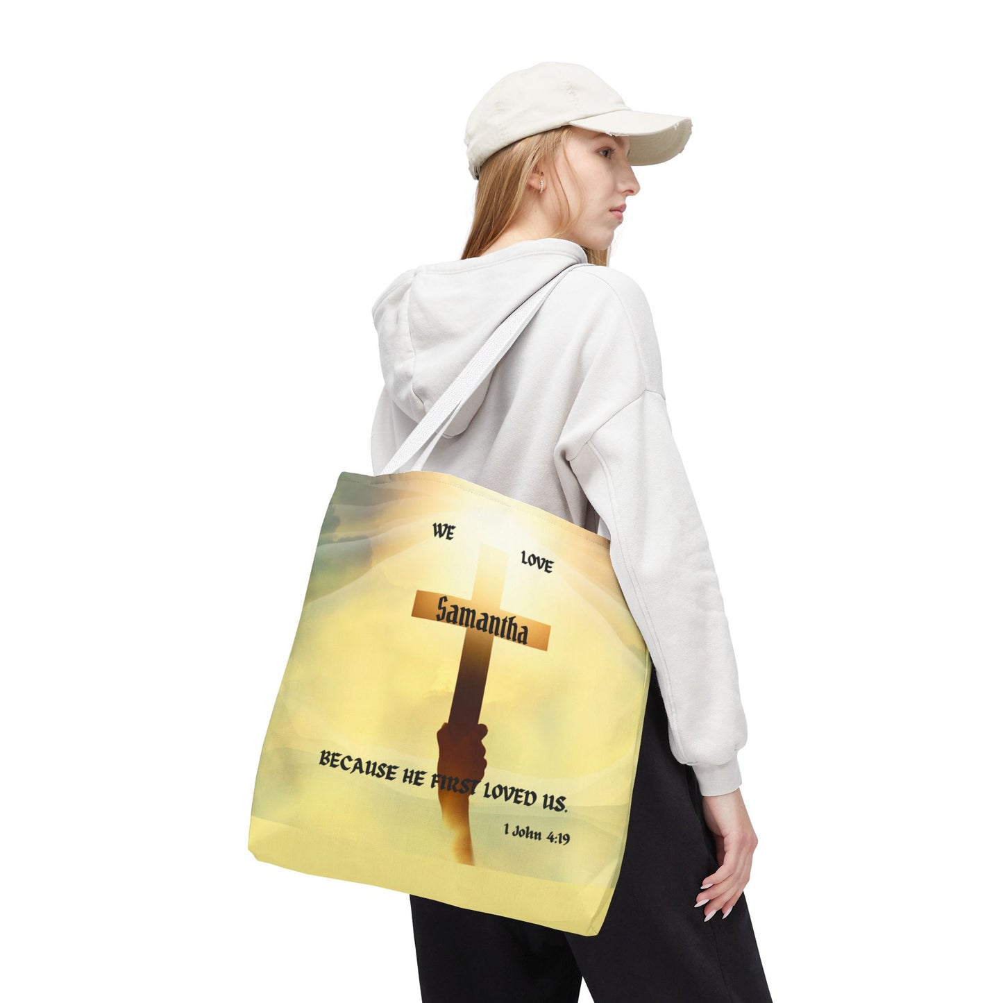 Personalized Christian Cross Tote Bag — "Samantha" Inspirational Scripture 1 John 4:19