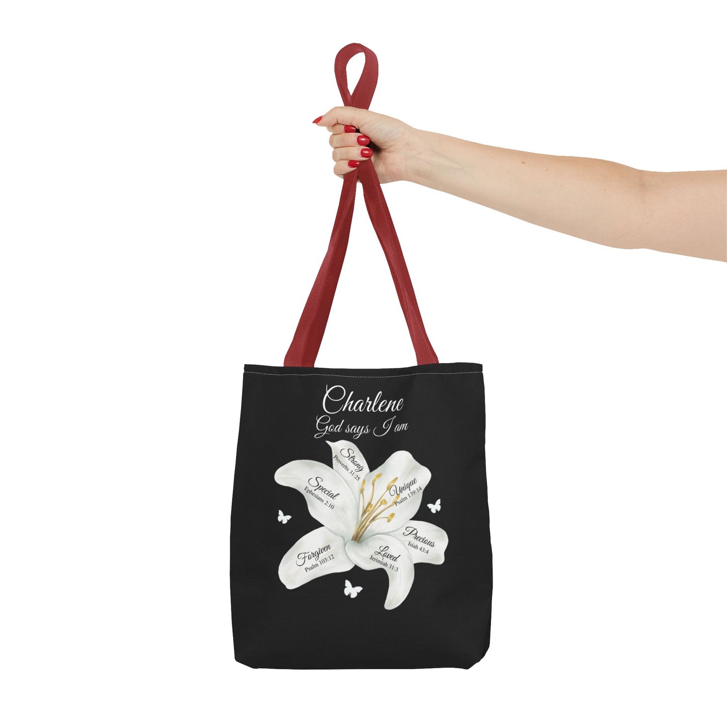 Personalized Lily Tote Bag - "God Says I Am" Inspirational Floral Tote