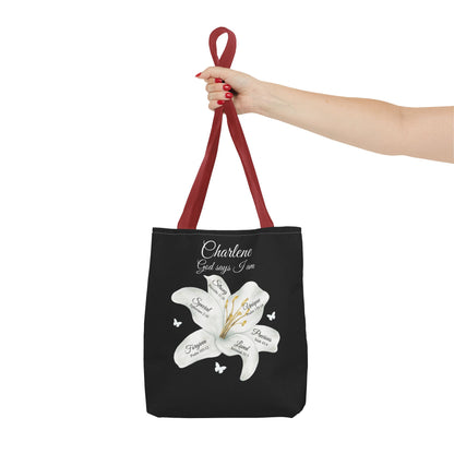 Personalized Lily Tote Bag - "God Says I Am" Inspirational Floral Tote