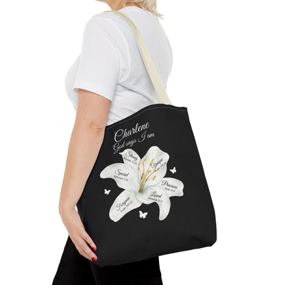 Personalized Lily Tote Bag - "God Says I Am" Inspirational Floral Tote