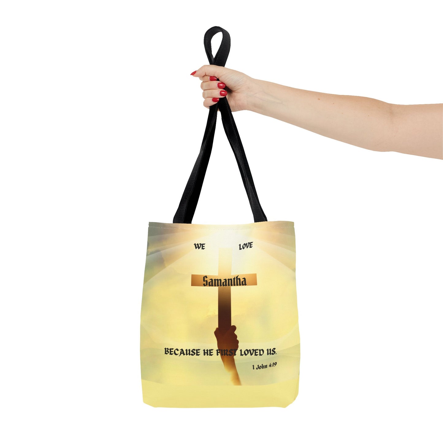 Personalized Christian Cross Tote Bag — "Samantha" Inspirational Scripture 1 John 4:19