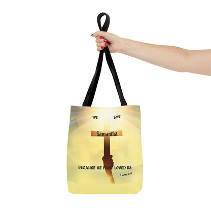 Personalized Christian Cross Tote Bag — "Samantha" Inspirational Scripture 1 John 4:19
