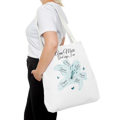 Personalized Floral Name Tote Bag – "God Says I Am" Inspirational Lily Tote