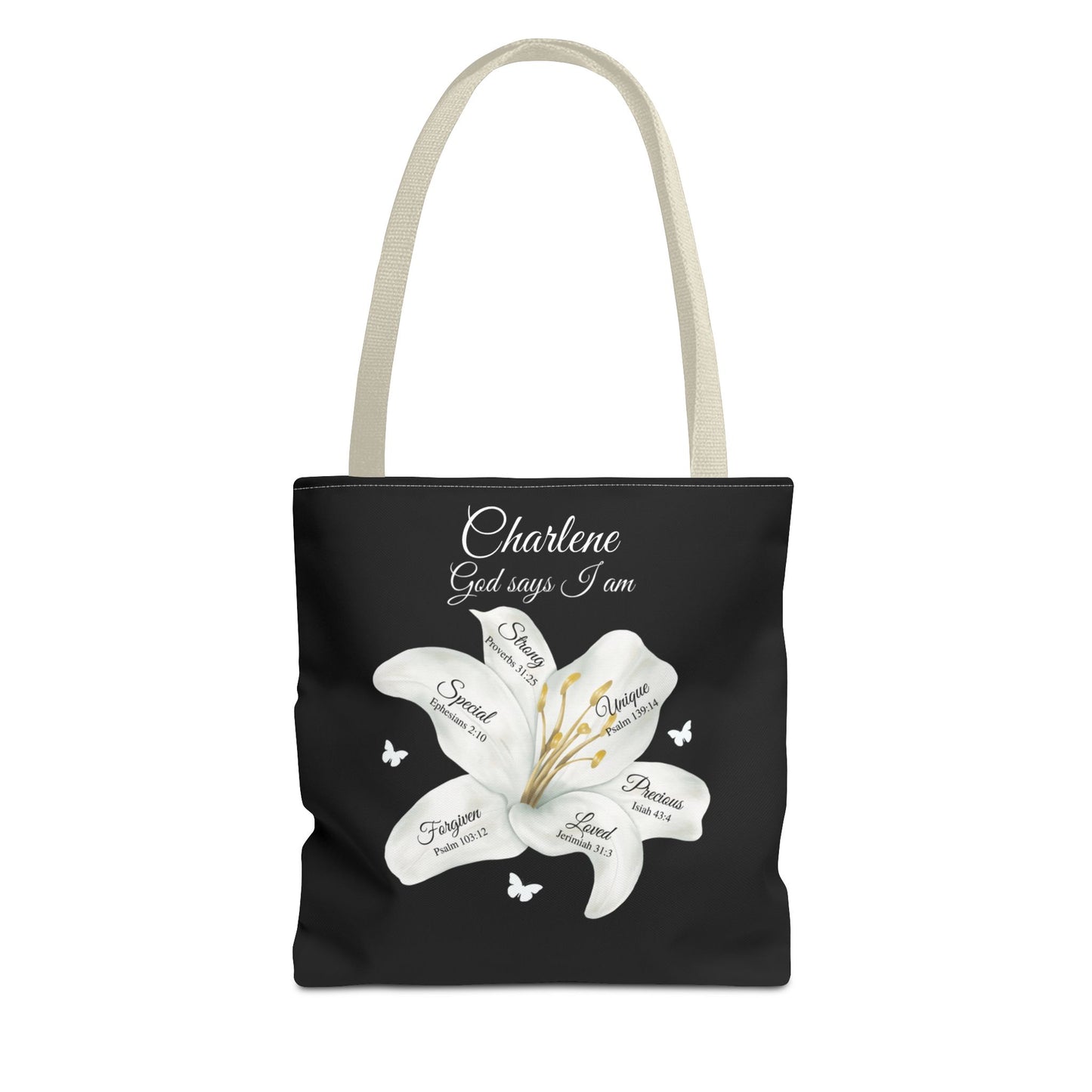 Personalized Lily Tote Bag - "God Says I Am" Inspirational Floral Tote