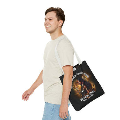 Proverbs 31:25 'She is Clothed in Strength' Warrior Tote Bag