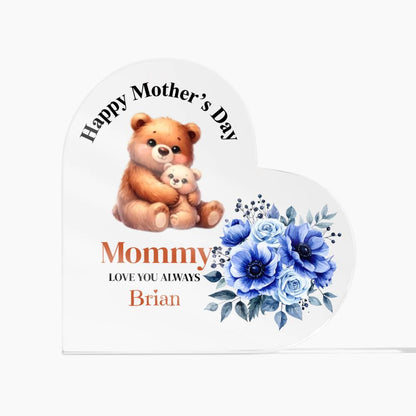 Personalized Happy Mother's Day Blue Flower Acrylic Heart Block