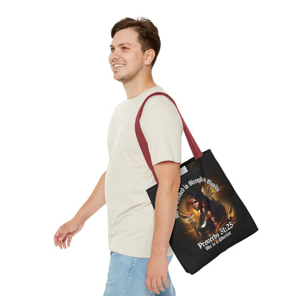 Proverbs 31:25 'She is Clothed in Strength' Warrior Tote Bag