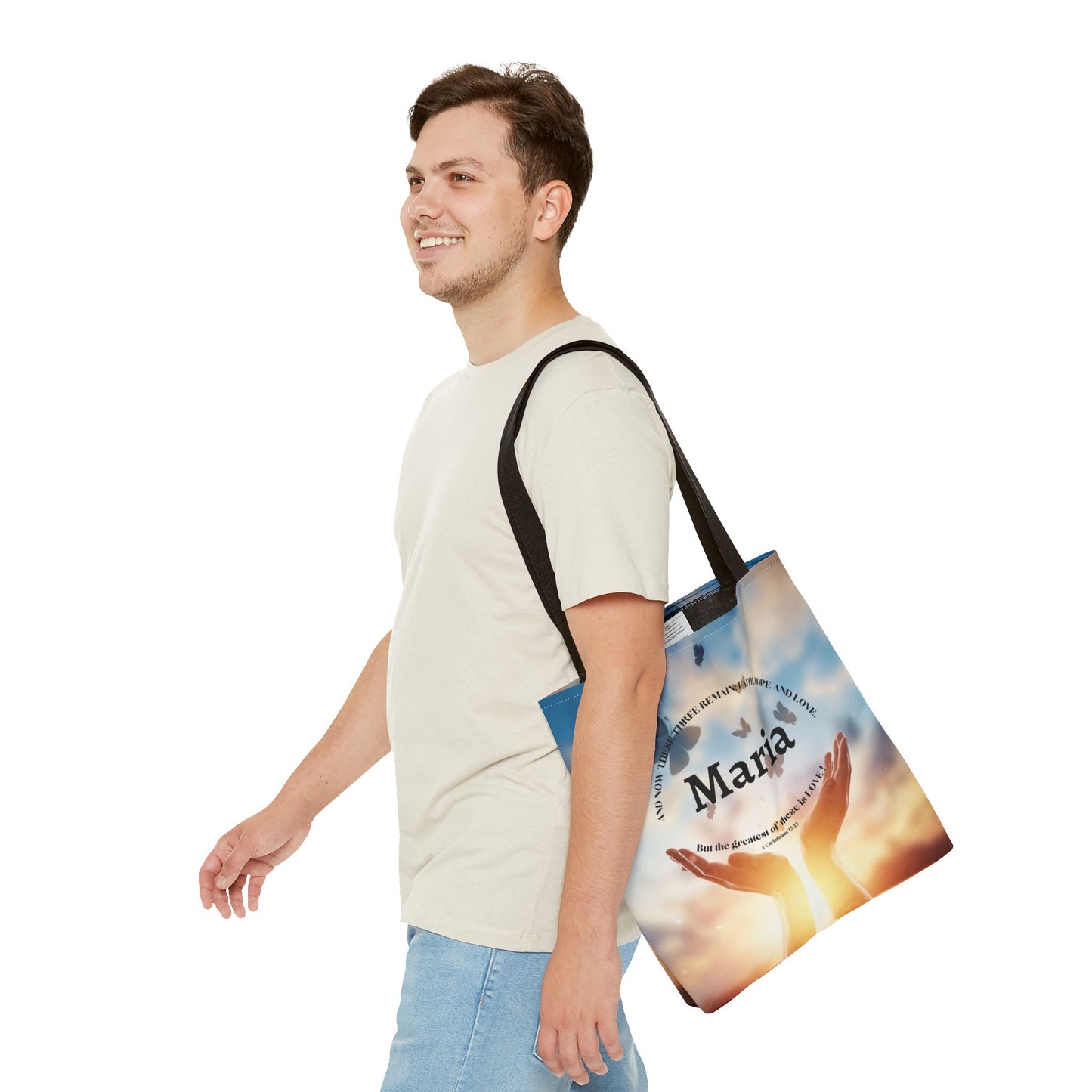 Inspirational Butterfly Tote Bag — Uplifting Hands & Quote All-Over Print