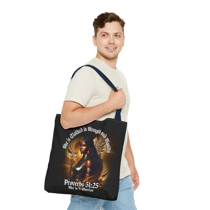 Proverbs 31:25 'She is Clothed in Strength' Warrior Tote Bag