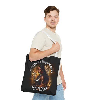 Proverbs 31:25 'She is Clothed in Strength' Warrior Tote Bag