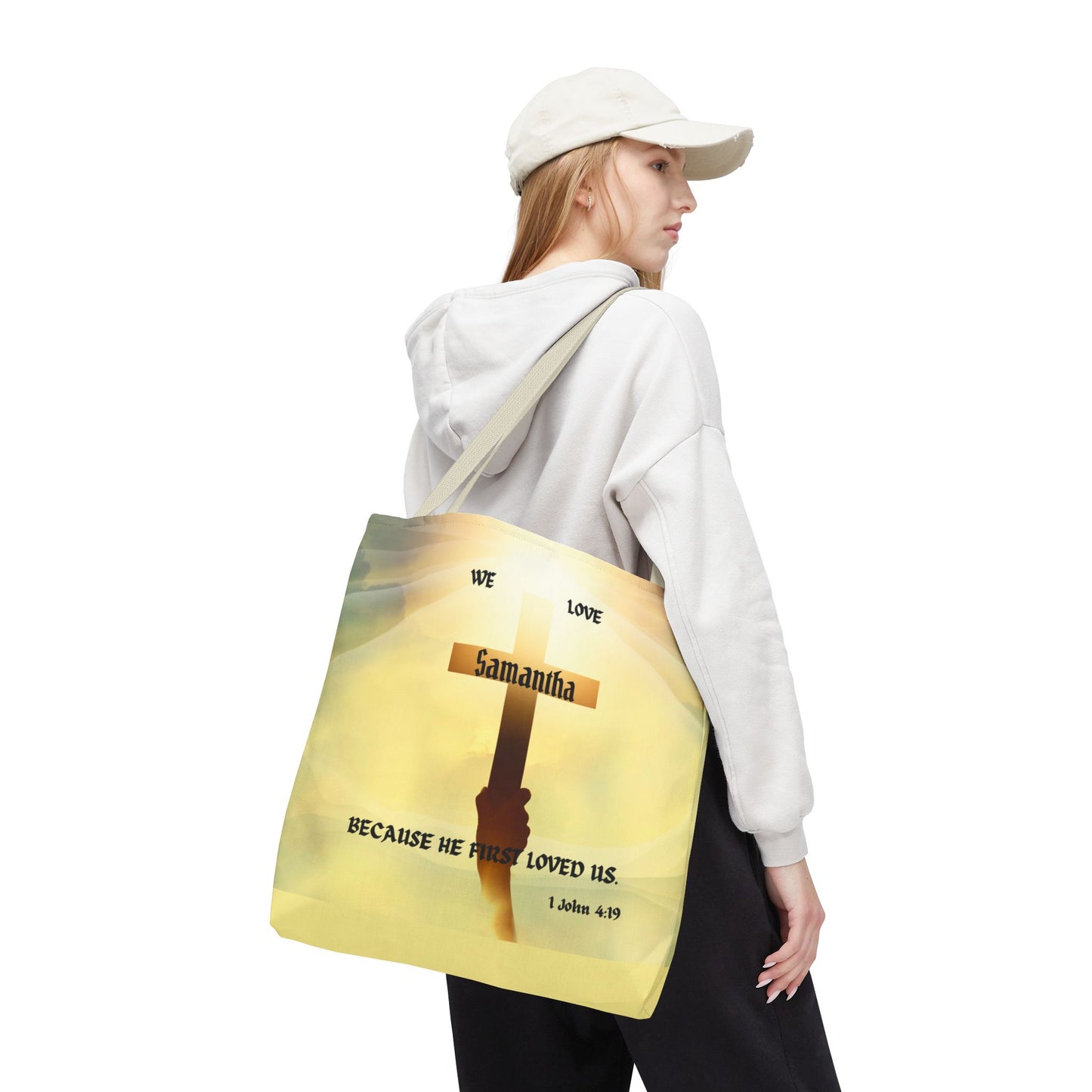 Personalized Christian Cross Tote Bag — "Samantha" Inspirational Scripture 1 John 4:19