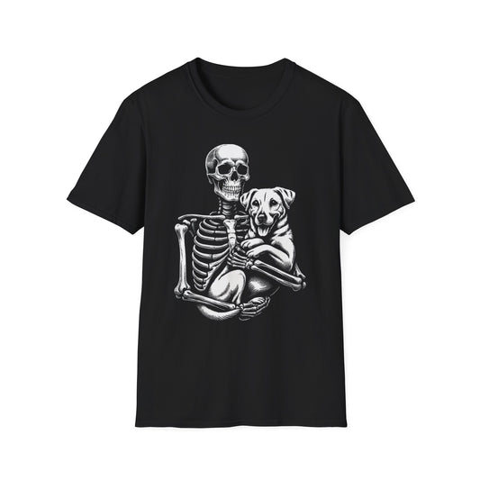 Skeleton and Dog Graphic Tee, Halloween T-Shirt, Pet Lover Gift, Unisex Softstyle Shirt, Casual Wear, Funny Pet Shirt