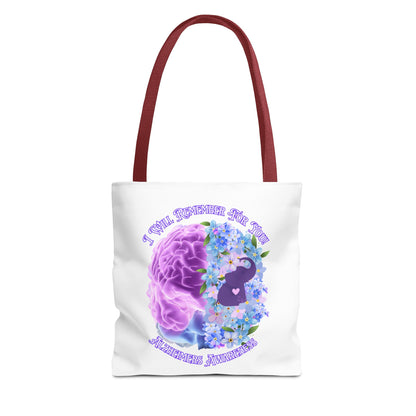 Alzheimer’s Awareness Tote Bag — “I Will Remember You” Purple Brain & Flowers Design