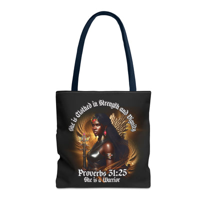 Proverbs 31:25 'She is Clothed in Strength' Warrior Tote Bag