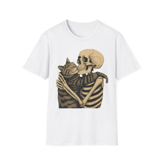 Skeleton and Cat Unisex T-Shirt, Cute Cat Lover Gift, Halloween Apparel, Cozy Casual Wear, Funny Gift for Pet Owners