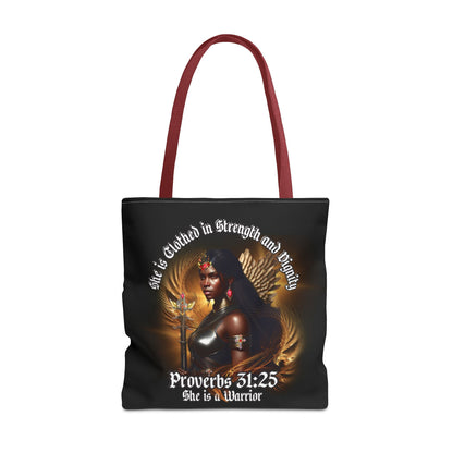 Proverbs 31:25 'She is Clothed in Strength' Warrior Tote Bag
