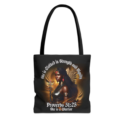 Proverbs 31:25 'She is Clothed in Strength' Warrior Tote Bag