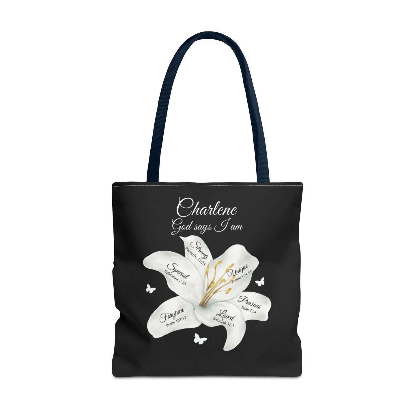 Personalized Lily Tote Bag - "God Says I Am" Inspirational Floral Tote