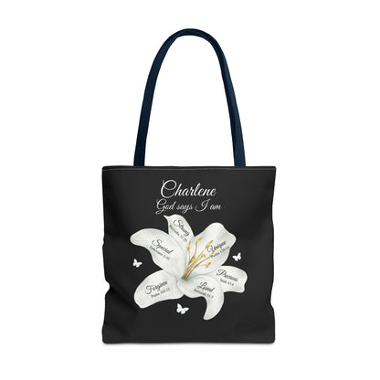 Personalized Lily Tote Bag - "God Says I Am" Inspirational Floral Tote