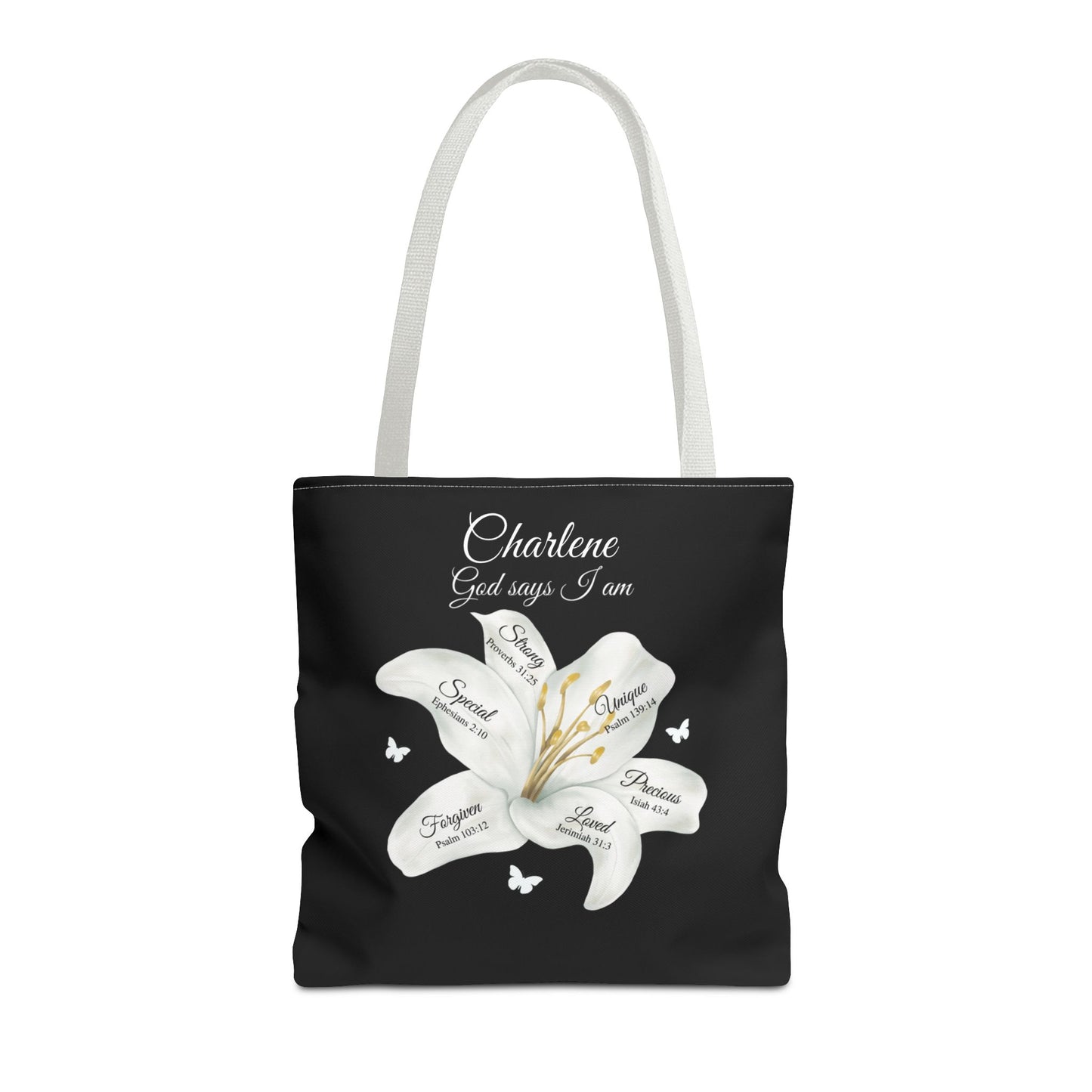 Personalized Lily Tote Bag - "God Says I Am" Inspirational Floral Tote