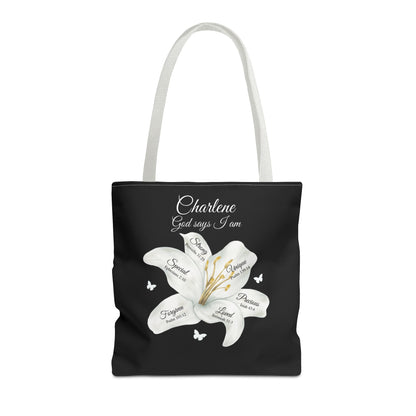 Personalized Lily Tote Bag - "God Says I Am" Inspirational Floral Tote