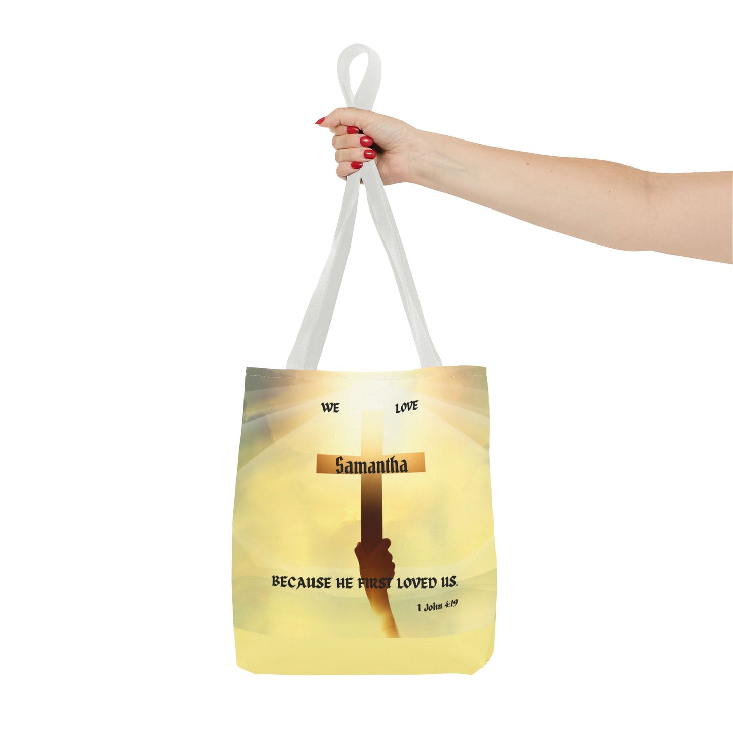 Personalized Christian Cross Tote Bag — "Samantha" Inspirational Scripture 1 John 4:19