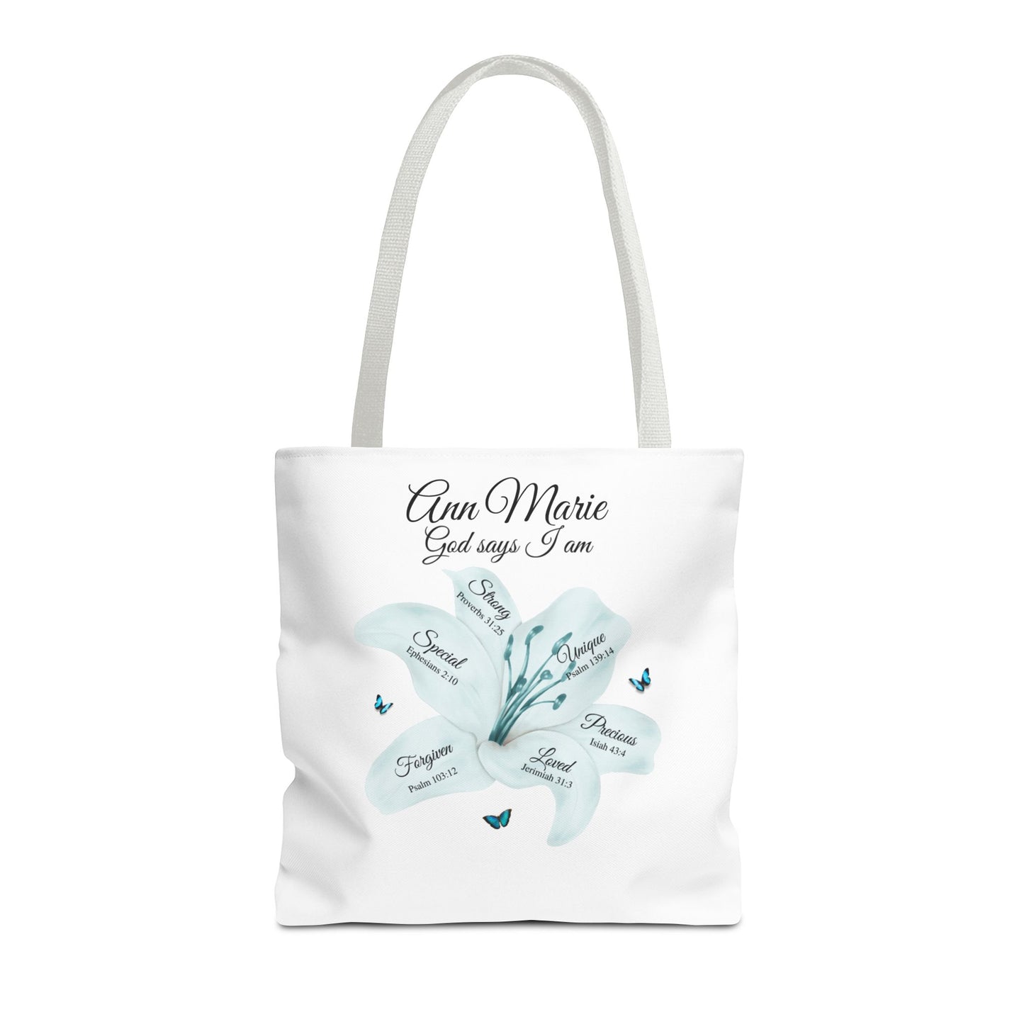Personalized Floral Name Tote Bag – "God Says I Am" Inspirational Lily Tote