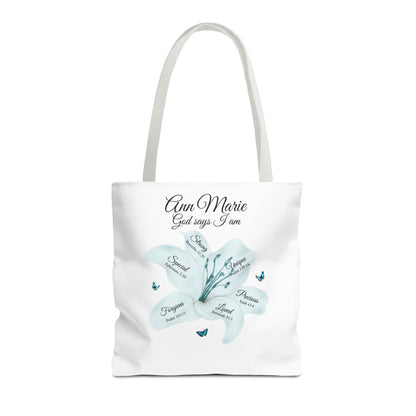 Personalized Floral Name Tote Bag – "God Says I Am" Inspirational Lily Tote