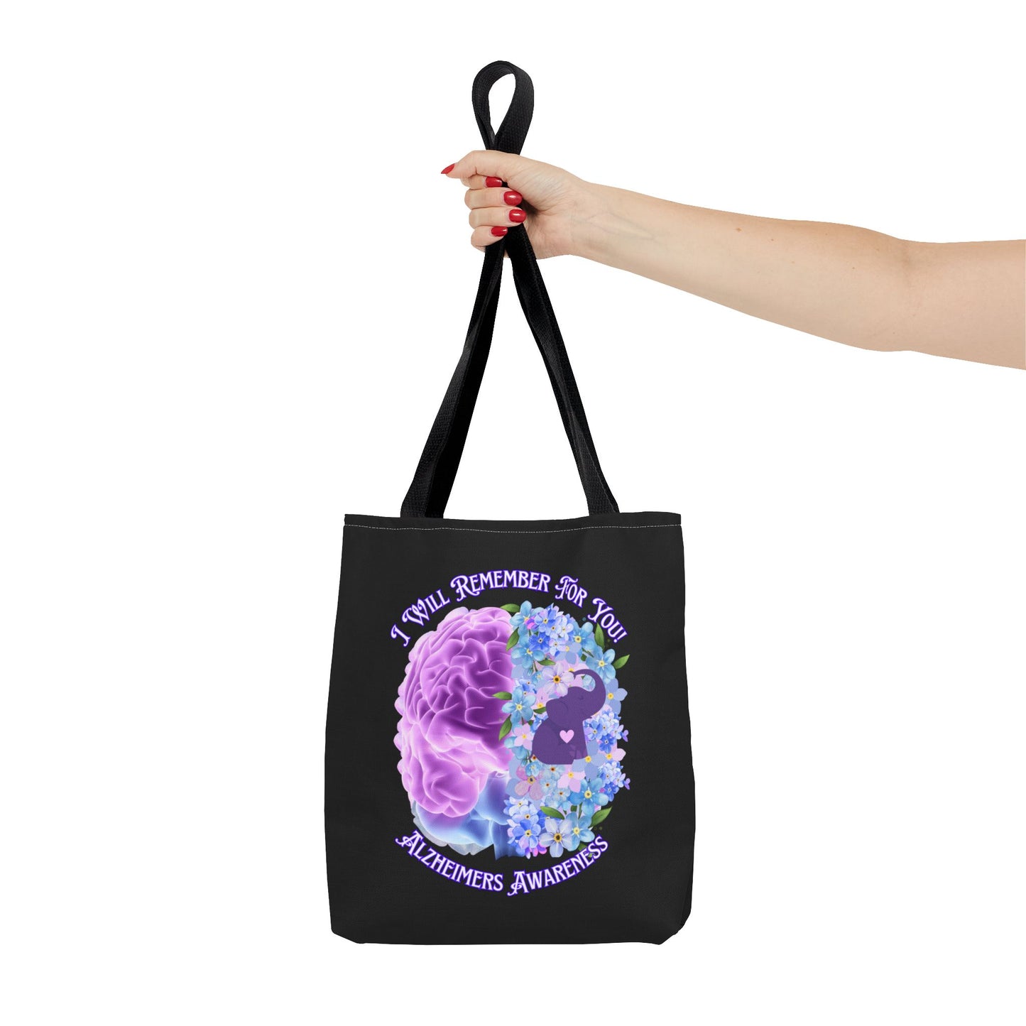 Alzheimer’s Awareness Tote Bag — “I Will Remember For You” Purple Brain Design