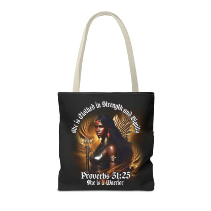 Proverbs 31:25 'She is Clothed in Strength' Warrior Tote Bag