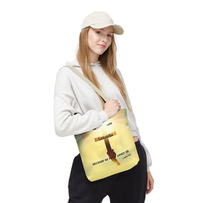 Personalized Christian Cross Tote Bag — "Samantha" Inspirational Scripture 1 John 4:19